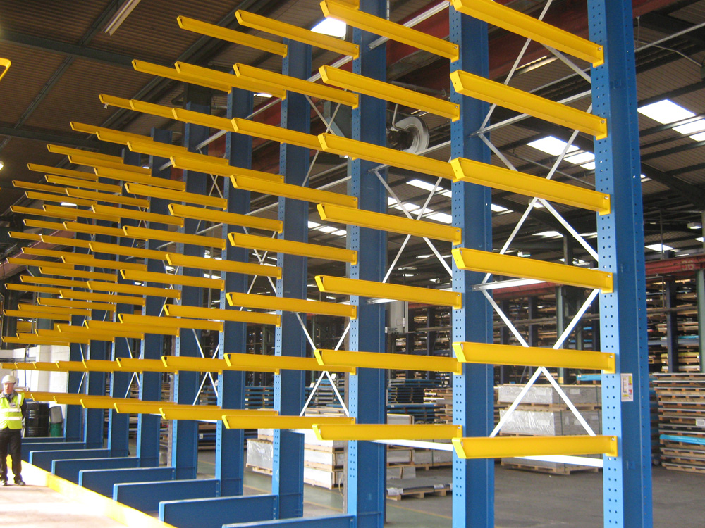 yellow and blue cantilevered shelving